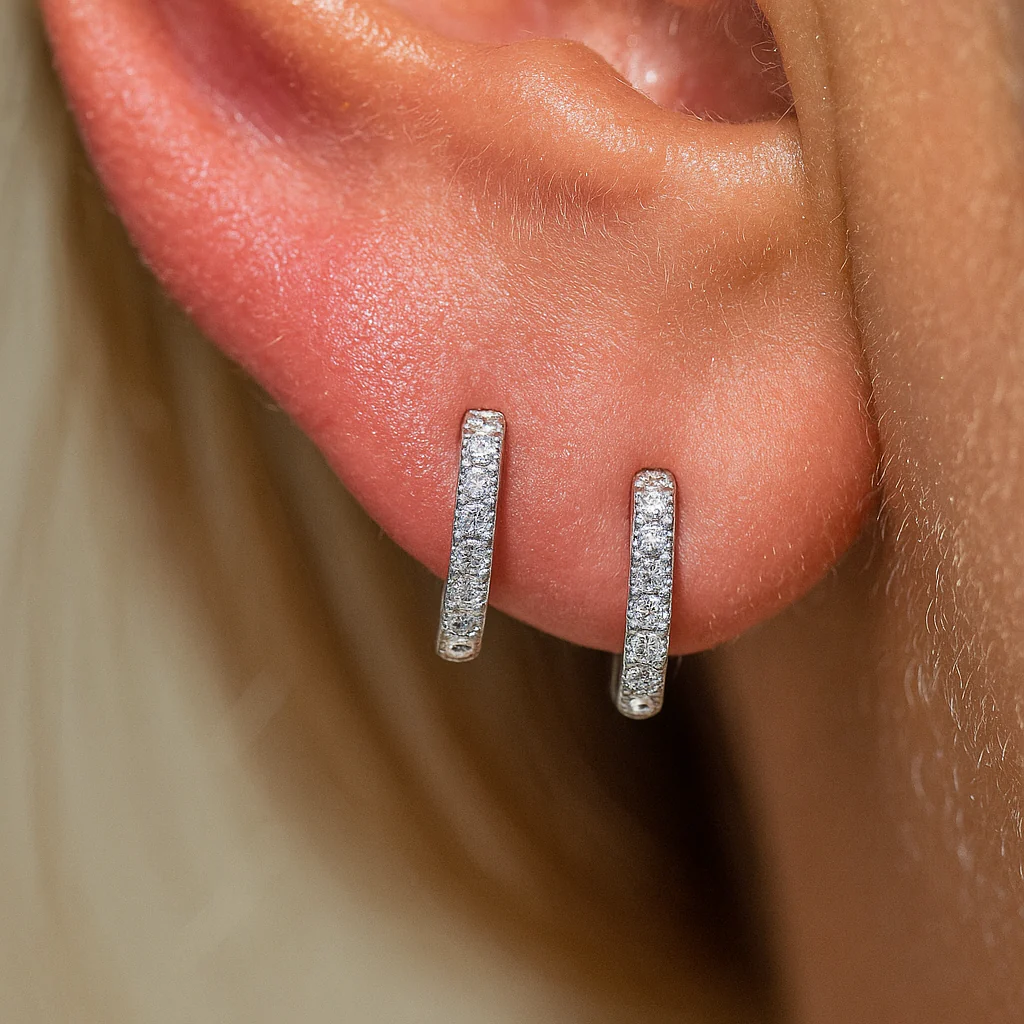 White Gold Gemstone Studded Huggie Hoop - Image 2