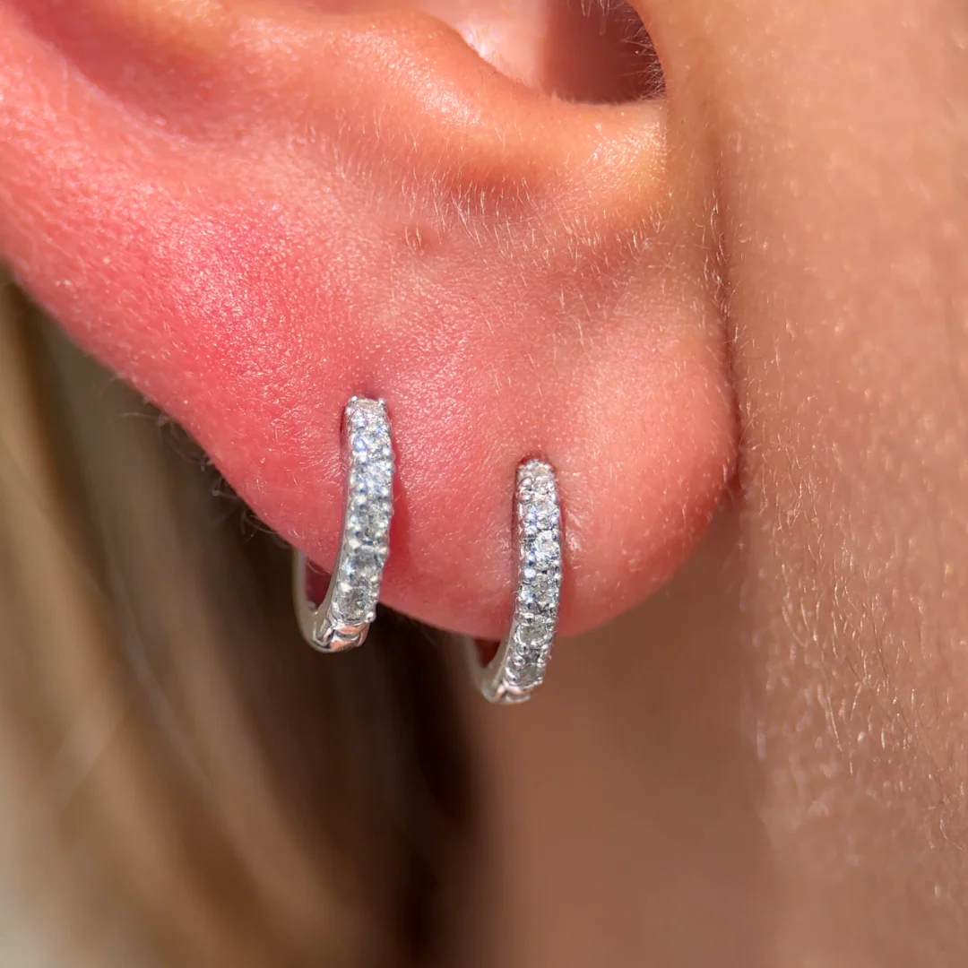 White Gold Gemstone Studded Huggie Hoop - Image 5
