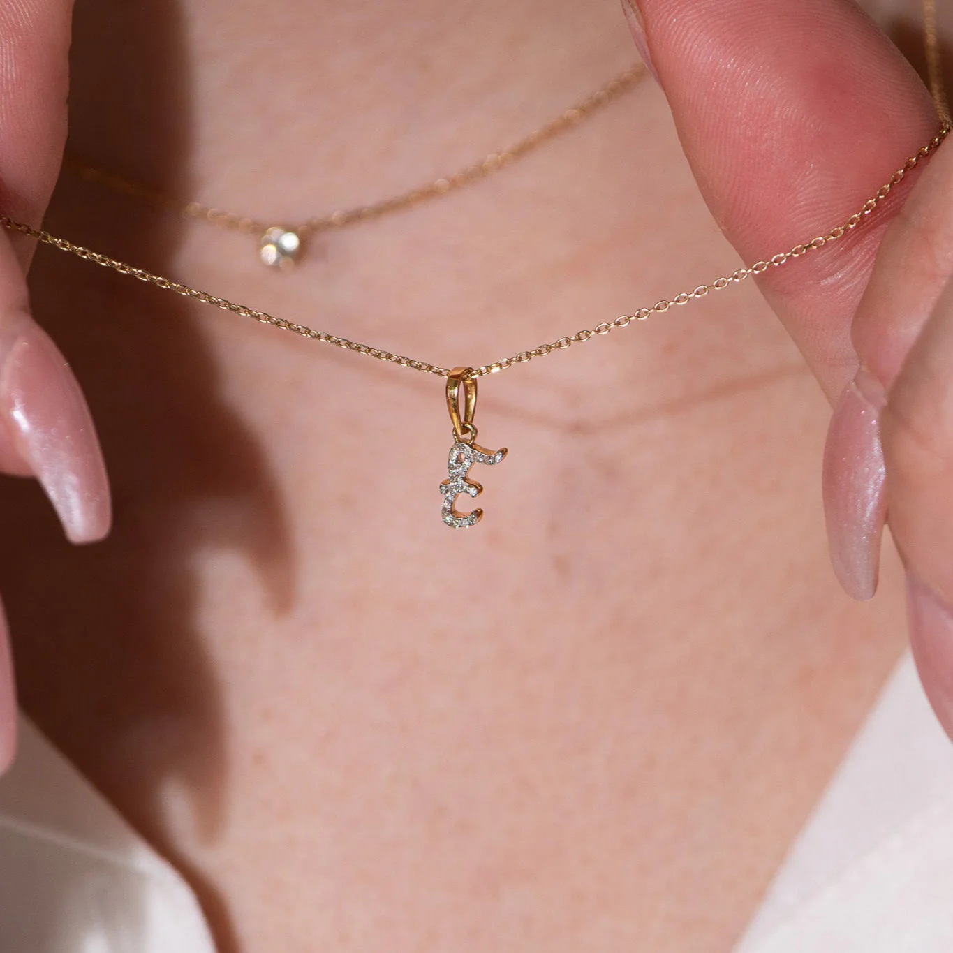 Yellow Gold Cursive Diamond Initial Necklace - E - Image 4