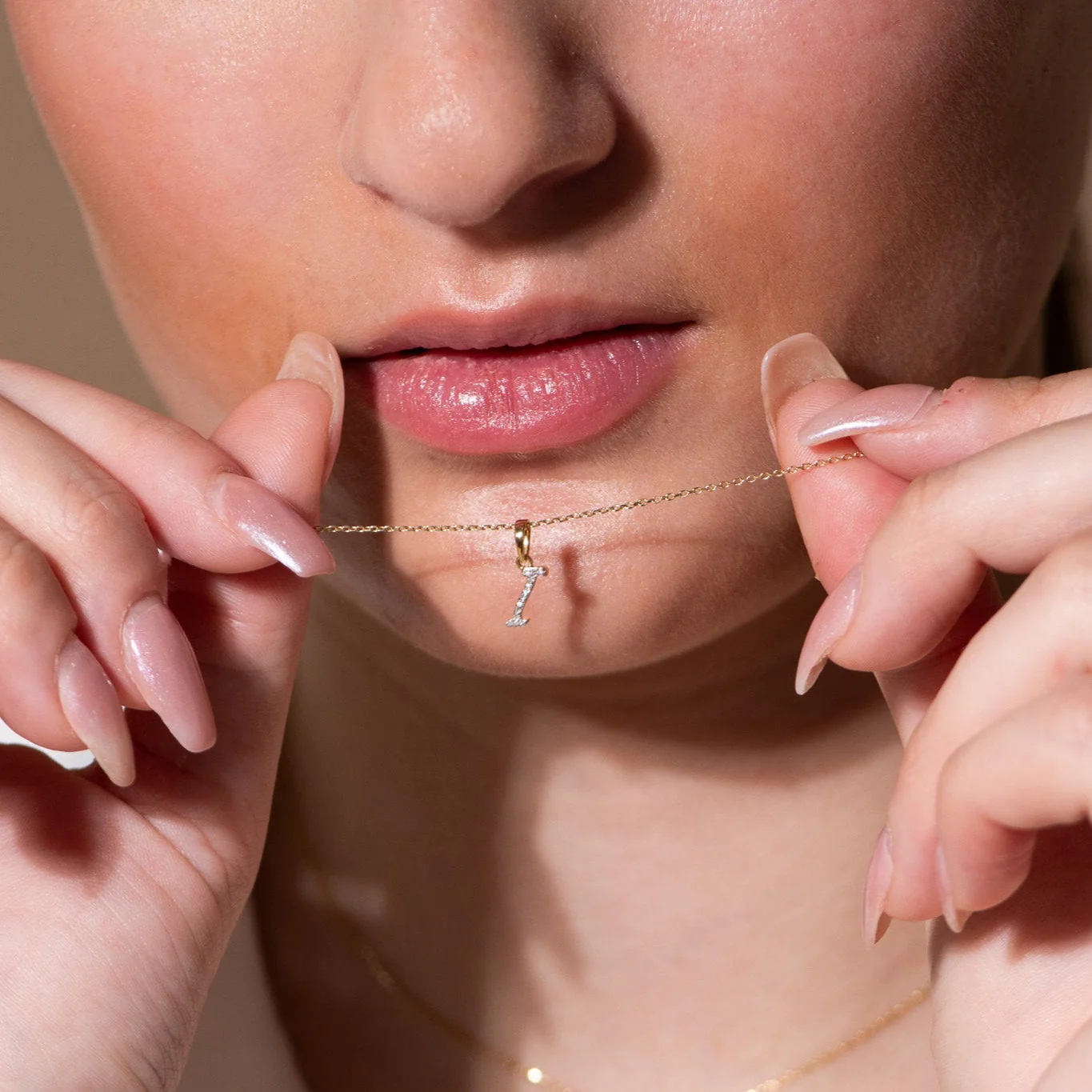 Yellow Gold Cursive Diamond Initial Necklace - I - Image 3