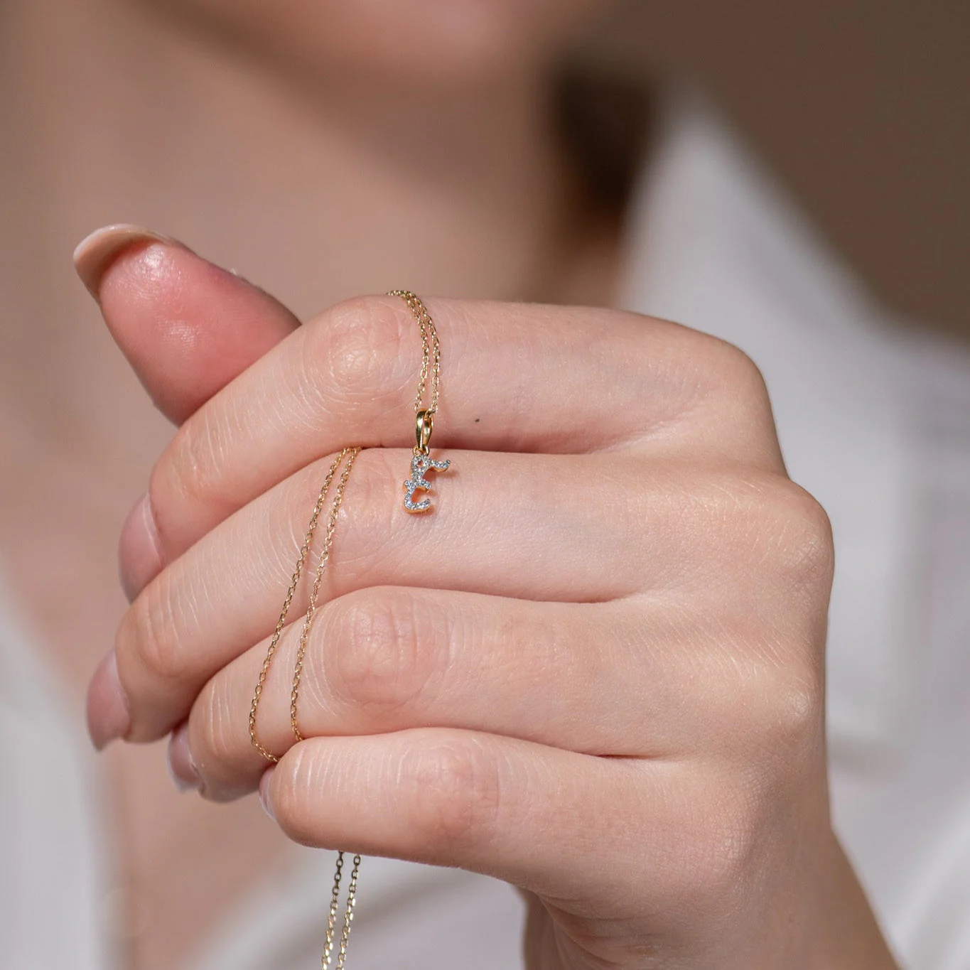 White Gold Cursive Diamond Initial Necklace - E - Image 2