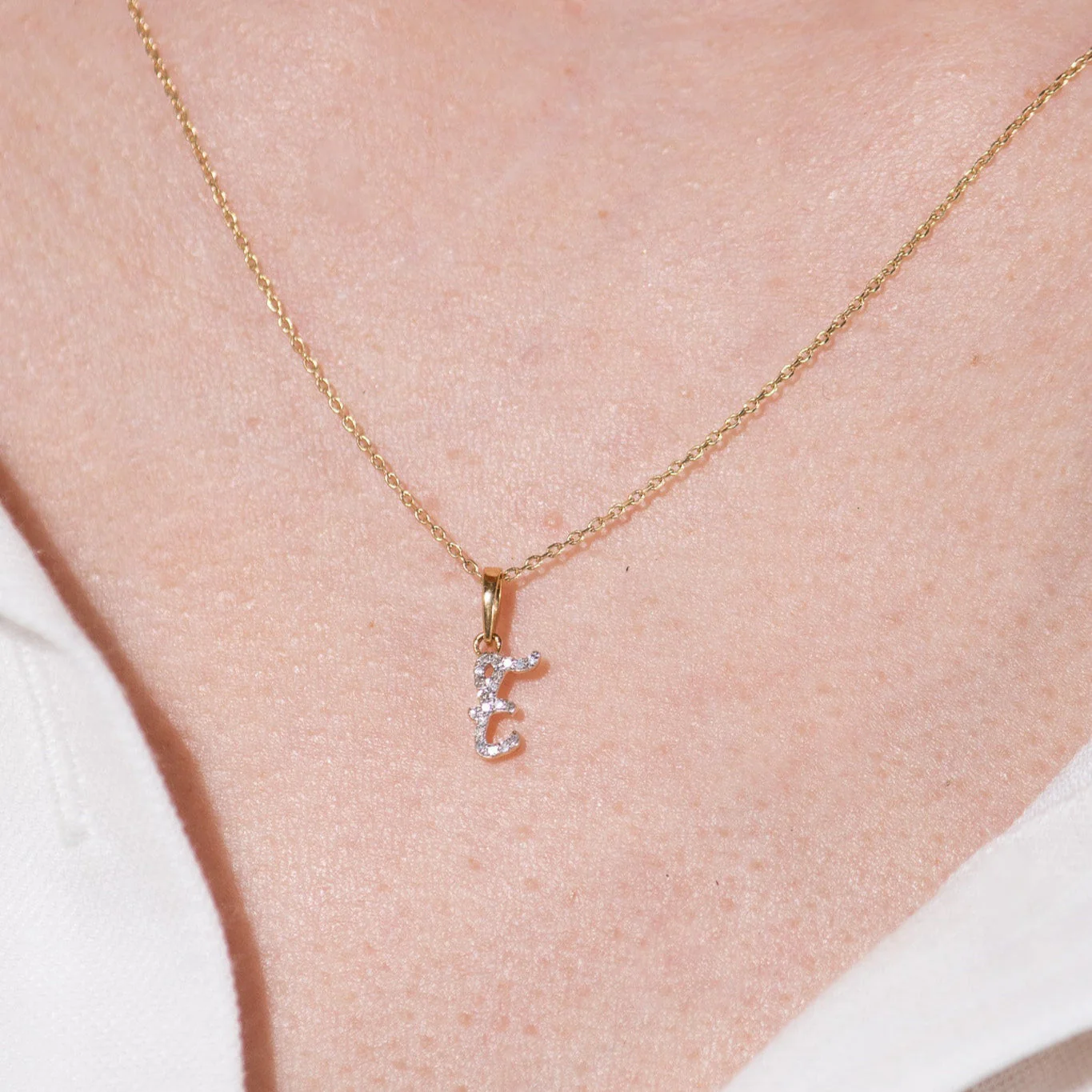 White Gold Cursive Diamond Initial Necklace - E - Image 3