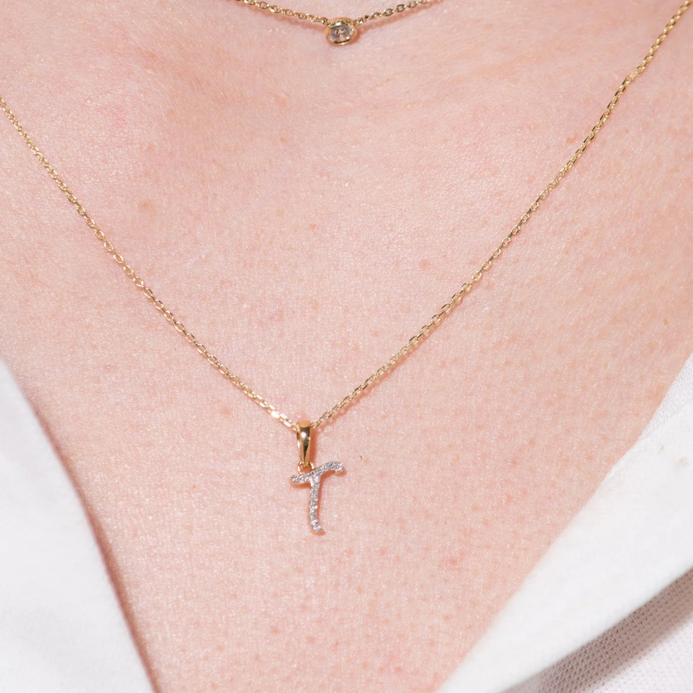 White Gold Cursive Diamond Initial Necklace - T - Image 3