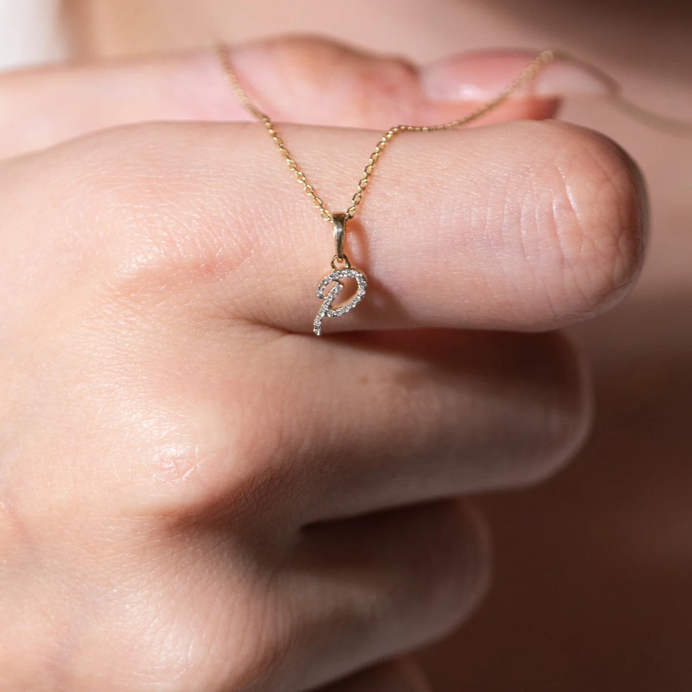 Yellow Gold Cursive Diamond Initial Necklace - P - Image 5