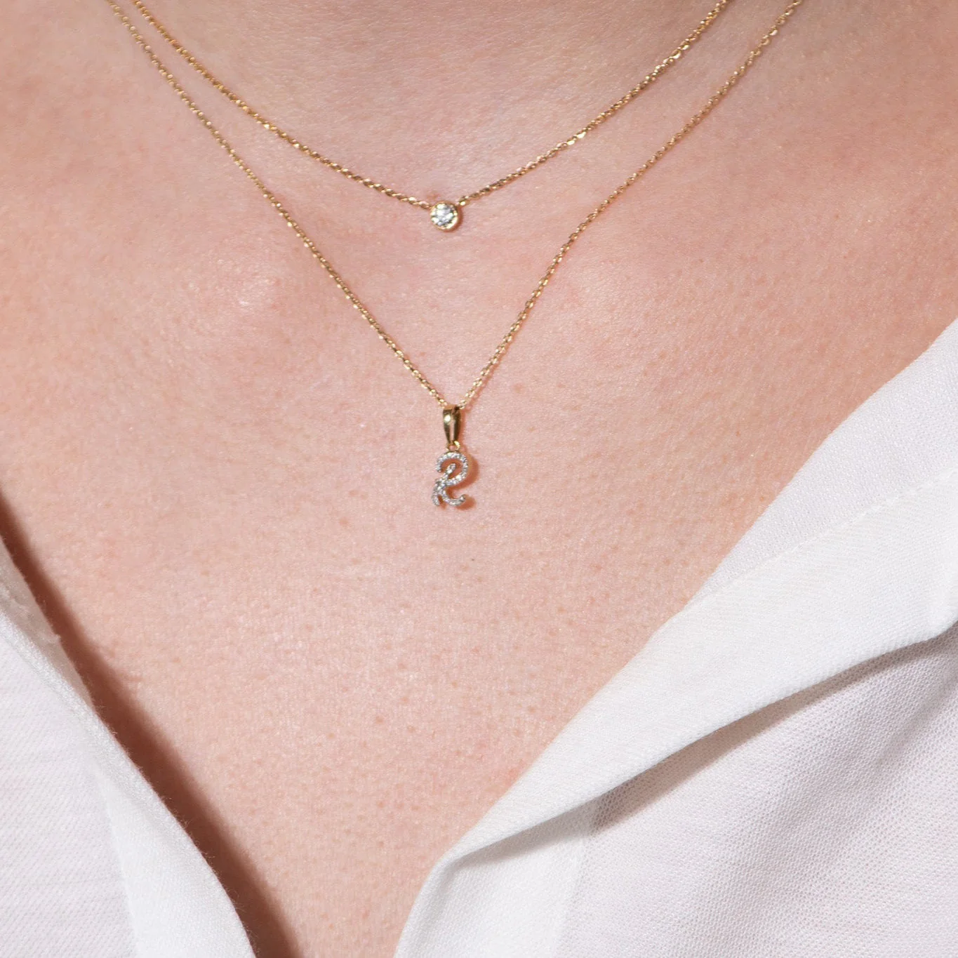 Yellow Gold Cursive Diamond Initial Necklace - R - Image 2