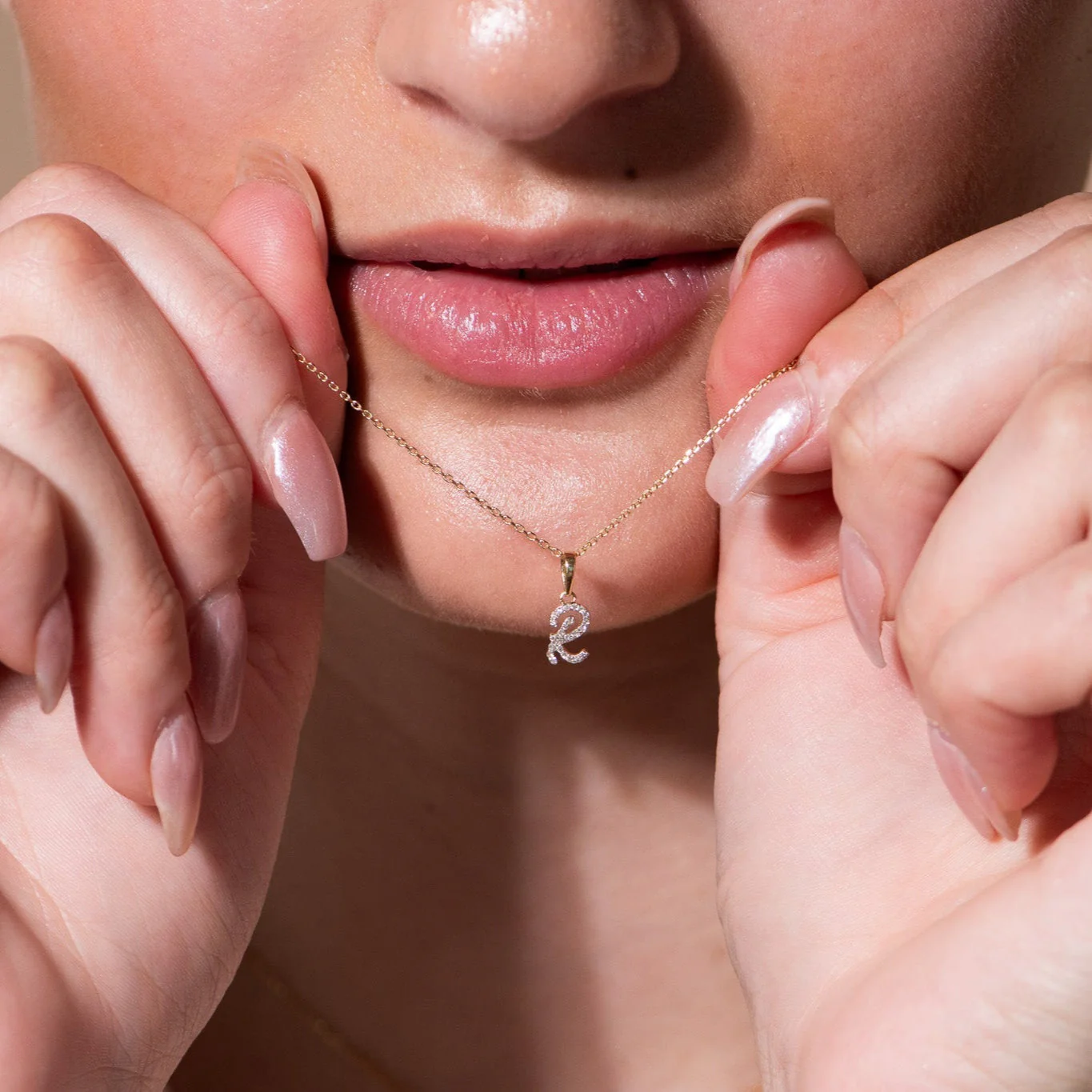 Yellow Gold Cursive Diamond Initial Necklace - R - Image 3