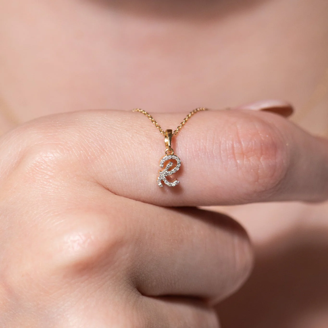 Yellow Gold Cursive Diamond Initial Necklace - R - Image 6