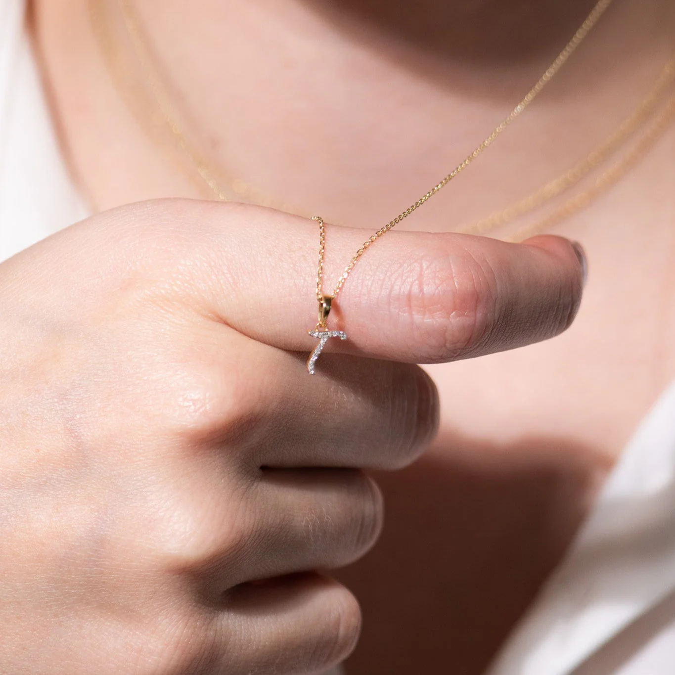 Yellow Gold Cursive Diamond Initial Necklace - T - Image 6