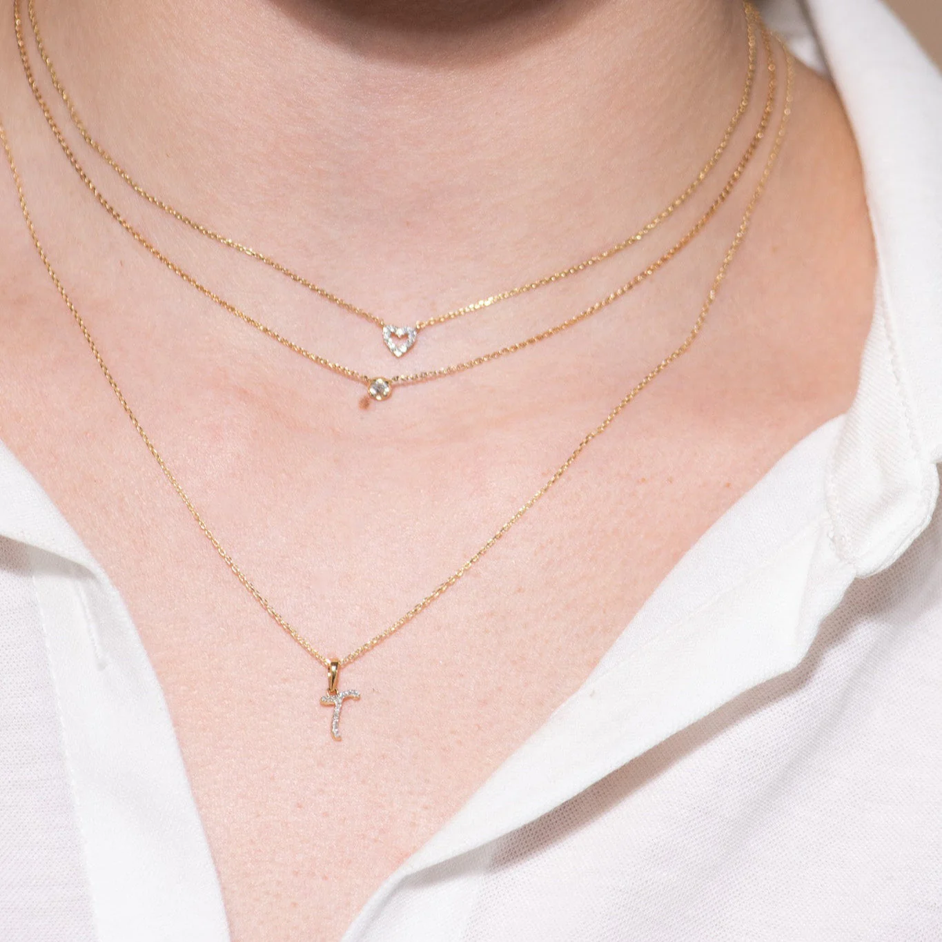 Yellow Gold Cursive Diamond Initial Necklace - T - Image 8