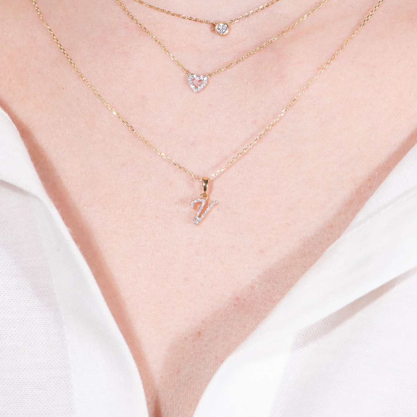 Yellow Gold Cursive Diamond Initial Necklace - V - Image 3