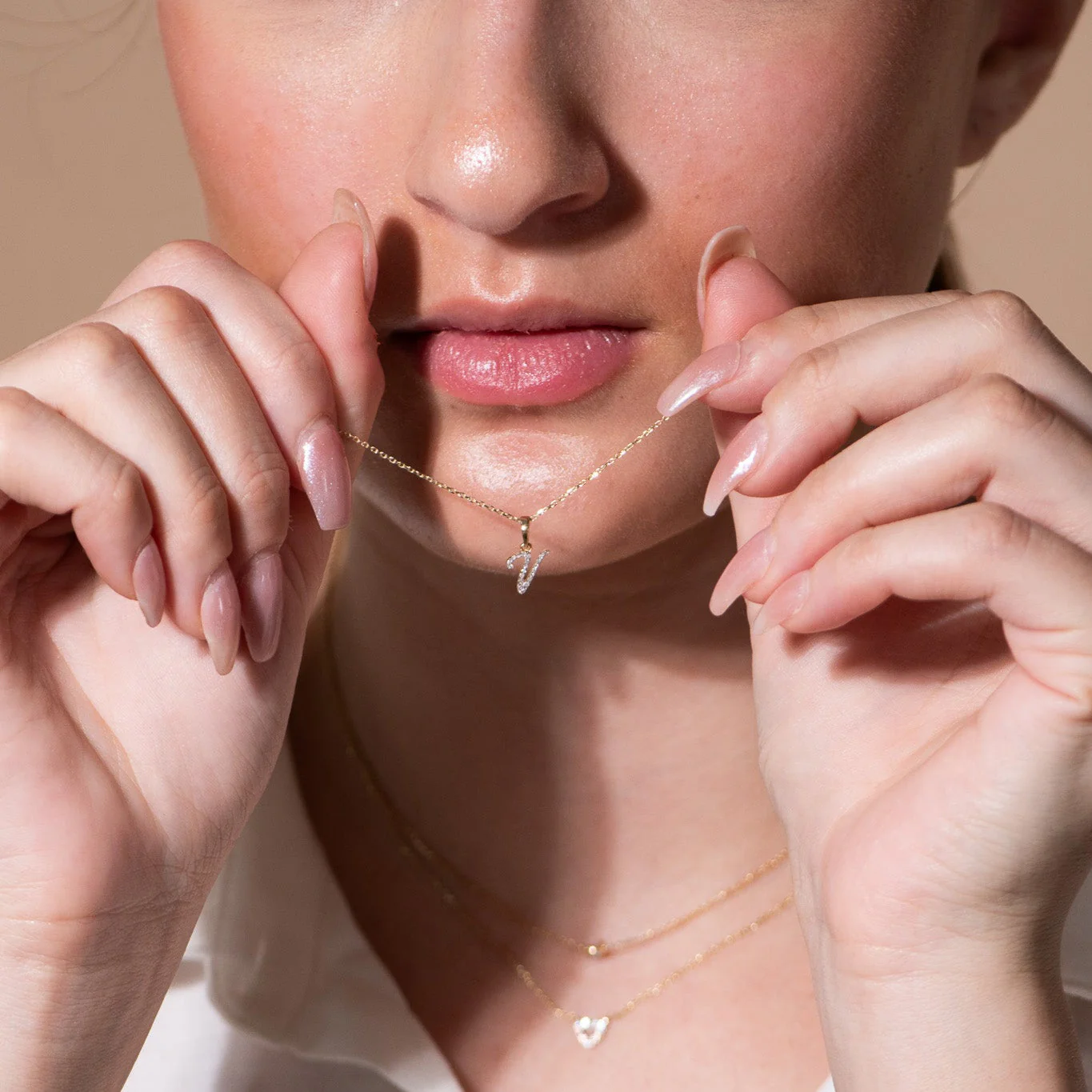 Yellow Gold Cursive Diamond Initial Necklace - V - Image 6