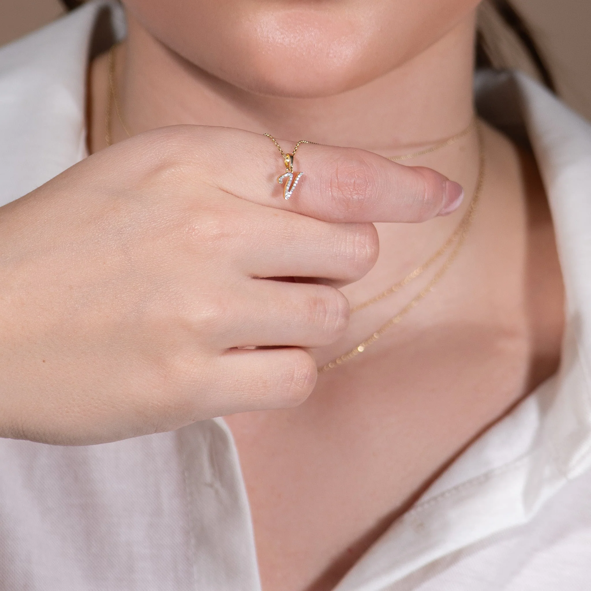 Yellow Gold Cursive Diamond Initial Necklace - V - Image 7