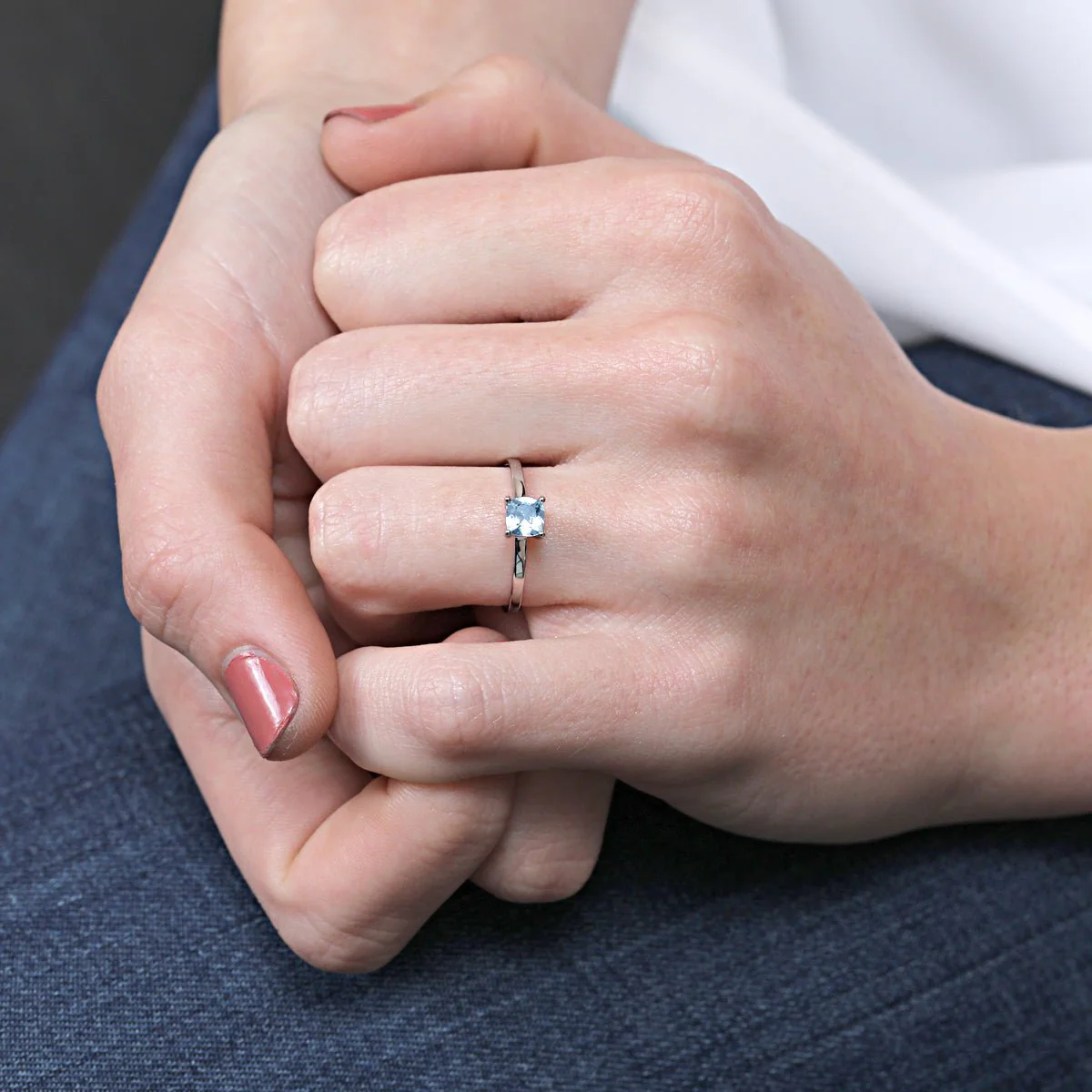 Cushion Cut Blue Topaz Cocktail Ring in Solid 14k White Gold - Image 2