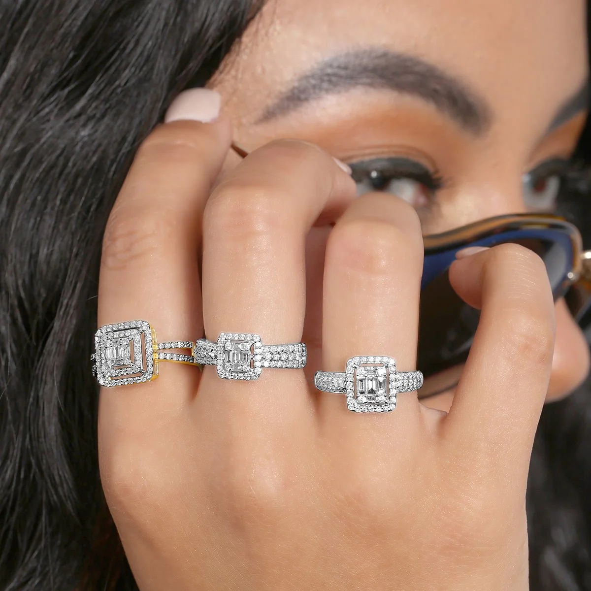 Cushion Cut Diamond Illusion Double Halo Double Band in Solid 18k White Gold - Image 2