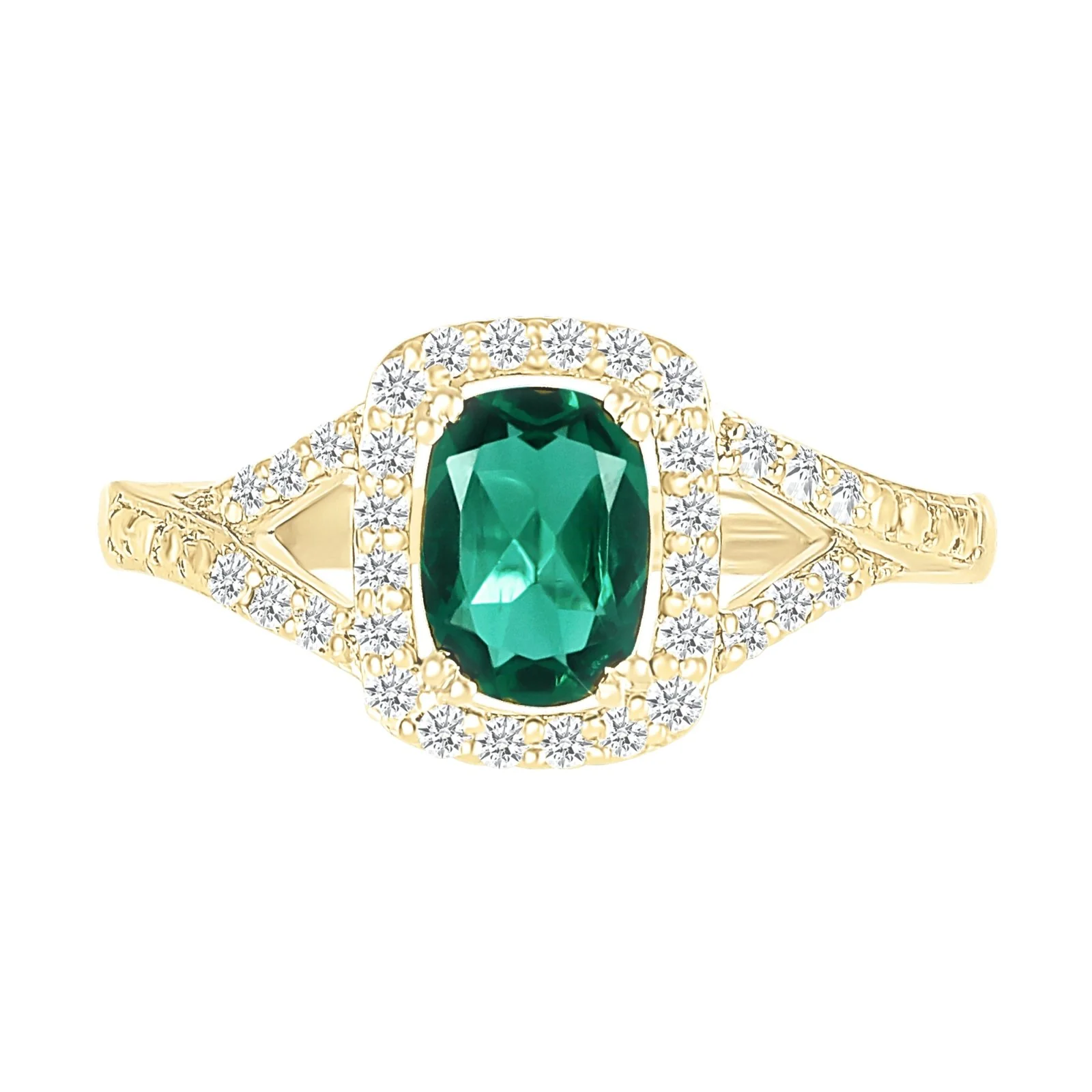 Cushion Cut Emerald Ring with White Sapphire Halo and Split Shank in Solid 10k Yellow Gold