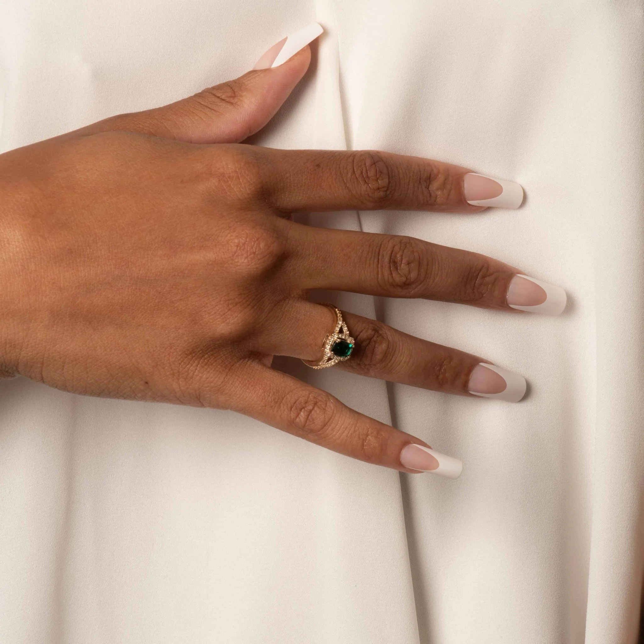 Cushion Cut Emerald Ring with White Sapphire Halo and Split Shank in Solid 10k Yellow Gold - Image 2