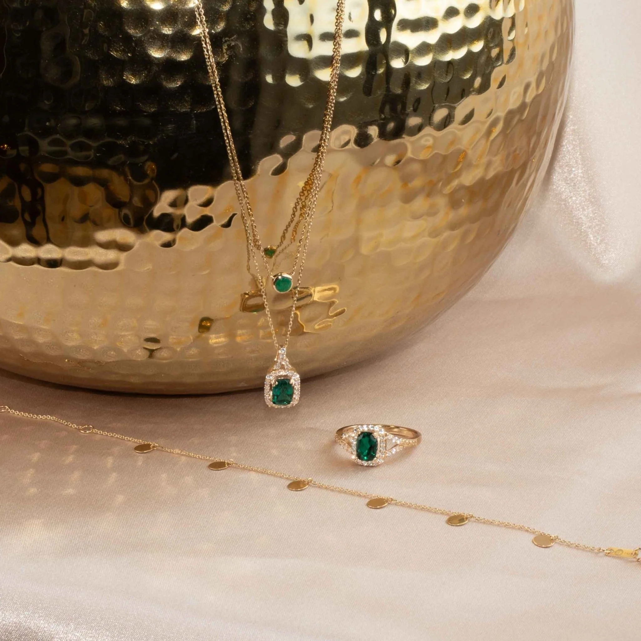 Cushion Cut Emerald Ring with White Sapphire Halo and Split Shank in Solid 10k Yellow Gold - Image 3