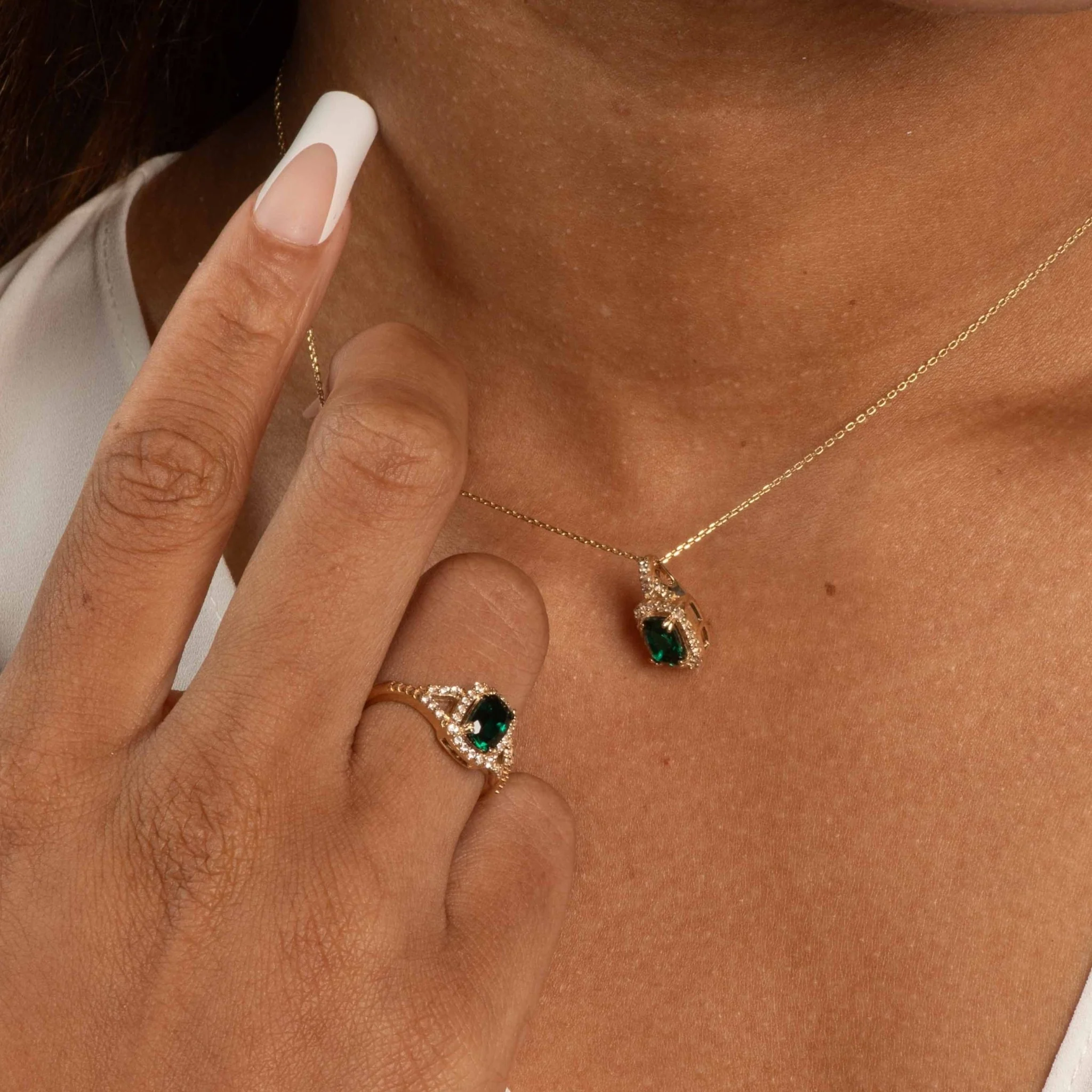 Cushion Cut Emerald Ring with White Sapphire Halo and Split Shank in Solid 10k Yellow Gold - Image 4