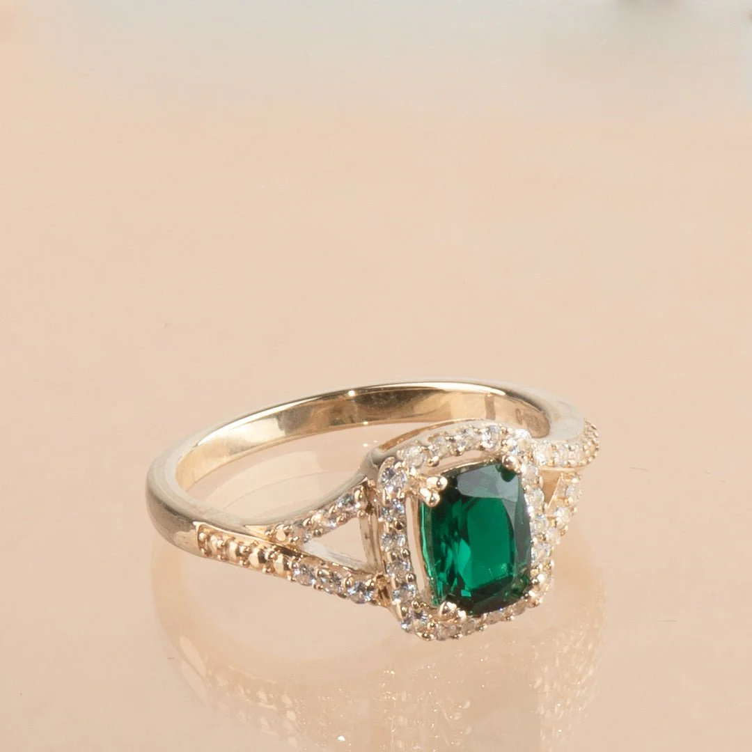 Cushion Cut Emerald Ring with White Sapphire Halo and Split Shank in Solid 10k Yellow Gold - Image 5