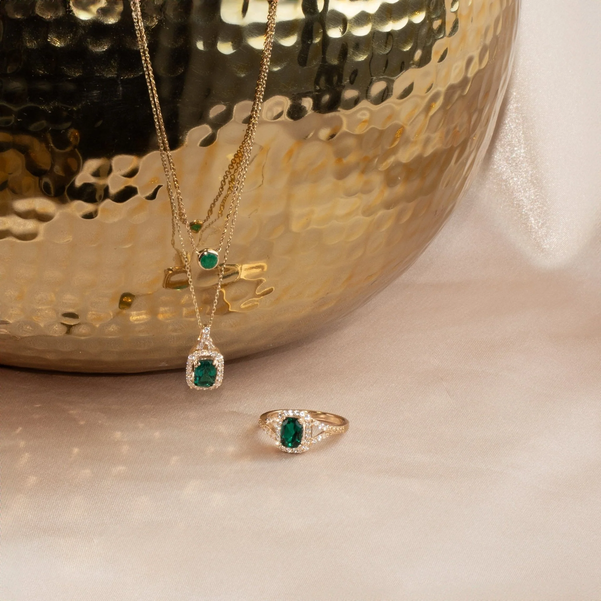 Cushion Cut Emerald Ring with White Sapphire Halo and Split Shank in Solid 10k Yellow Gold - Image 7