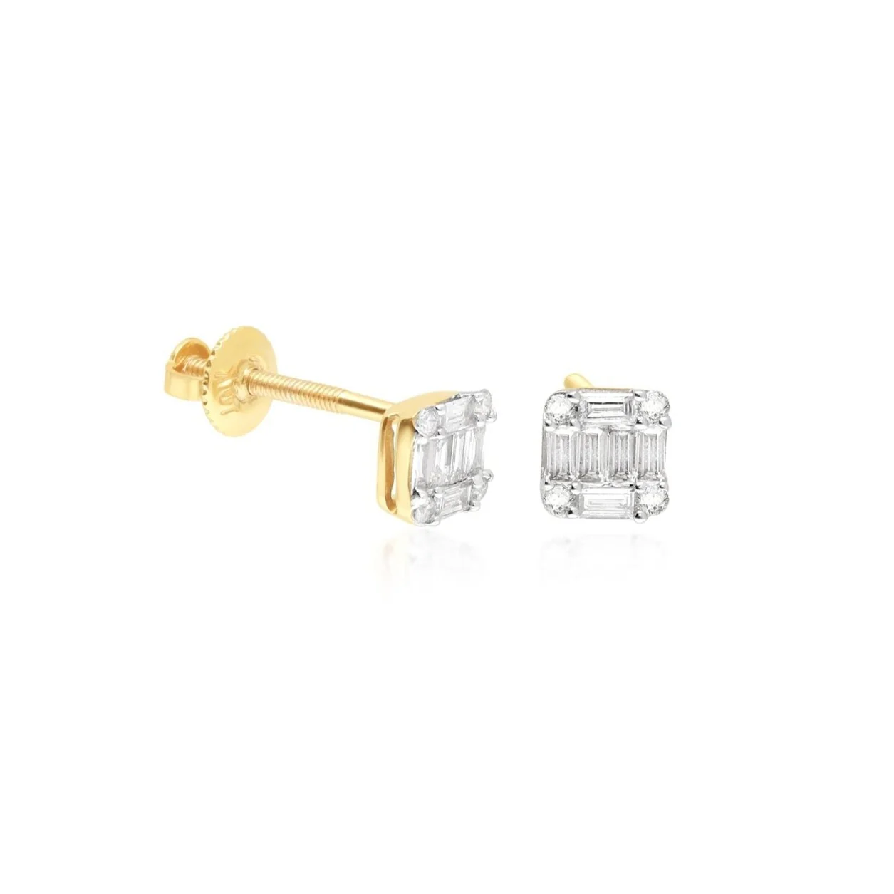 Yellow Gold Emerald Cut Baguette Screw Back Stud