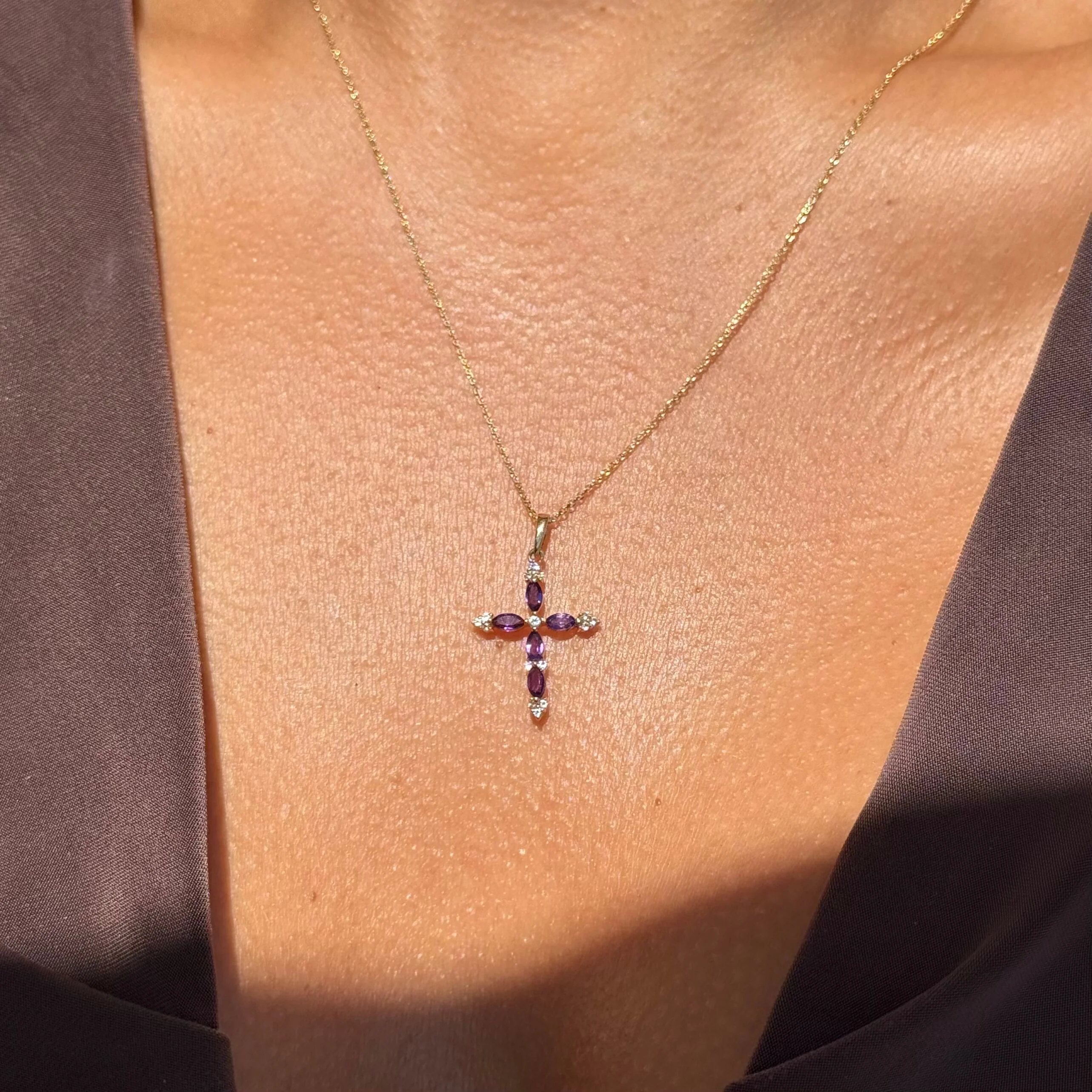 Yellow Gold Dainty Amethyst Sapphire Cross Pendant - Image 3