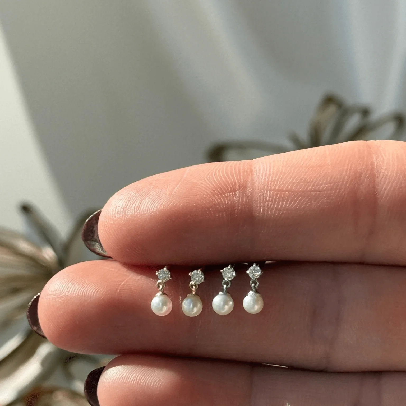 White Gold Diamond Pearl Drop Flat Back Earring - Image 6