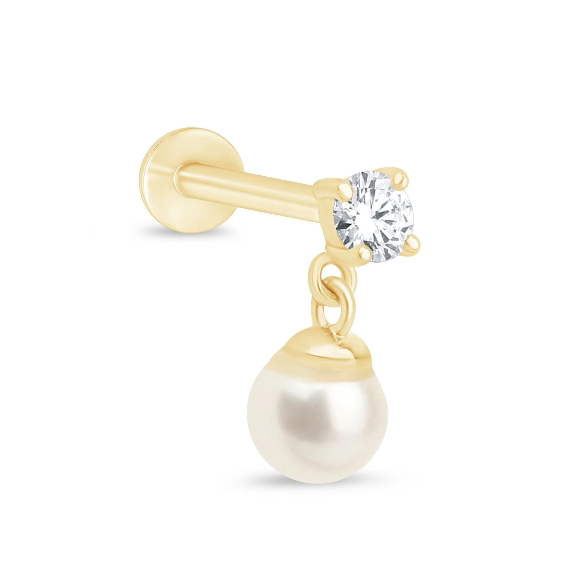 Yellow Gold Diamond Pearl Drop Flat Back Earring