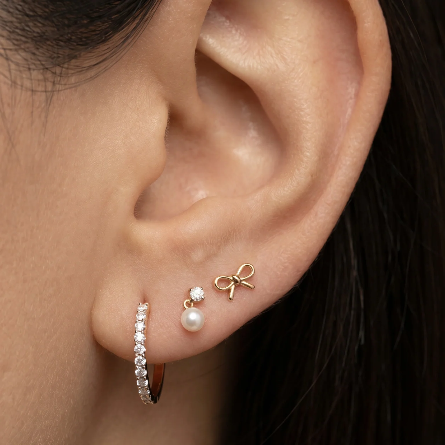 Yellow Gold Diamond Pearl Drop Flat Back Earring - Image 10