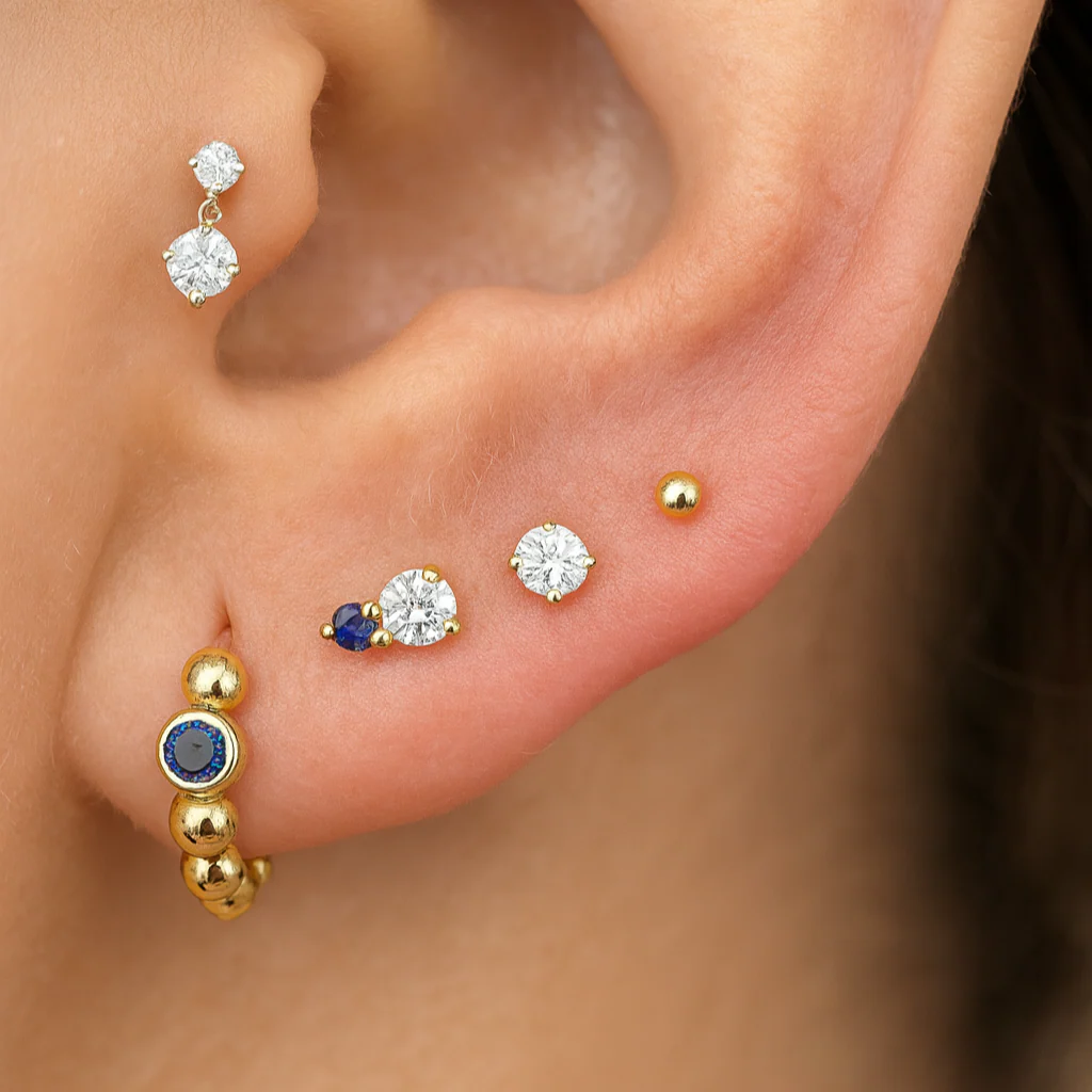 Yellow Gold Diamond Sapphire Flat Back Earring - Image 2
