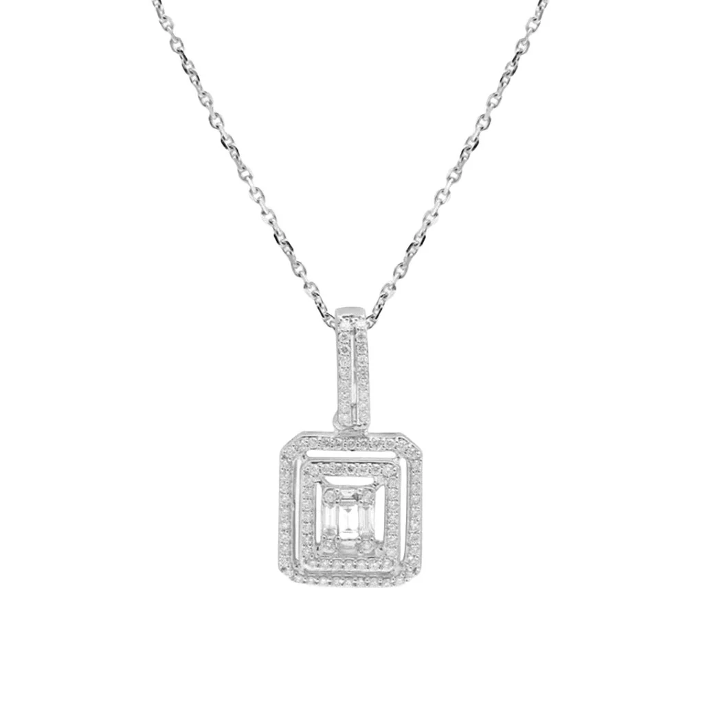 White Gold Diamond Baguette Double Halo Pendant