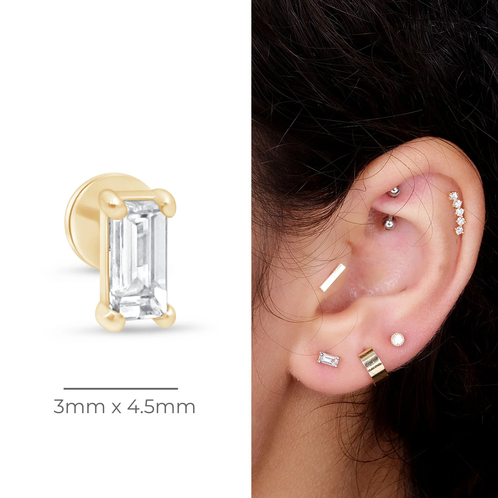 Yellow Gold Diamond Baguette Flat Back Earring - Image 13