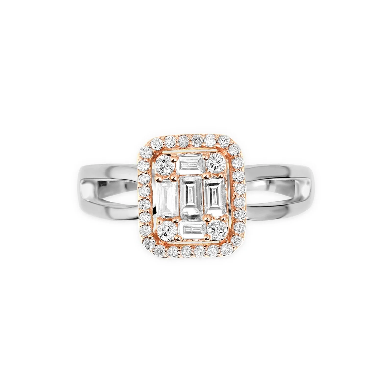 Diamond Baguette Illusion Two-Tone Ring in Solid 18k White Gold and Rose Gold