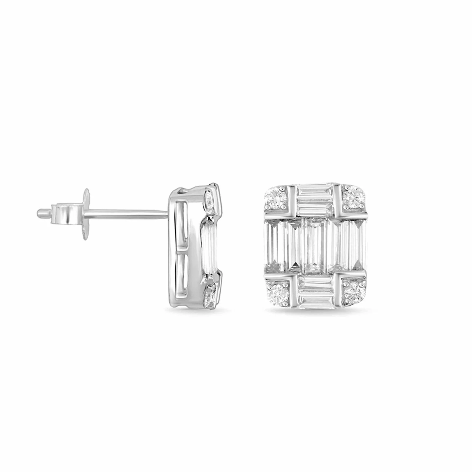 White Gold Baguette Diamond Illusion Stud