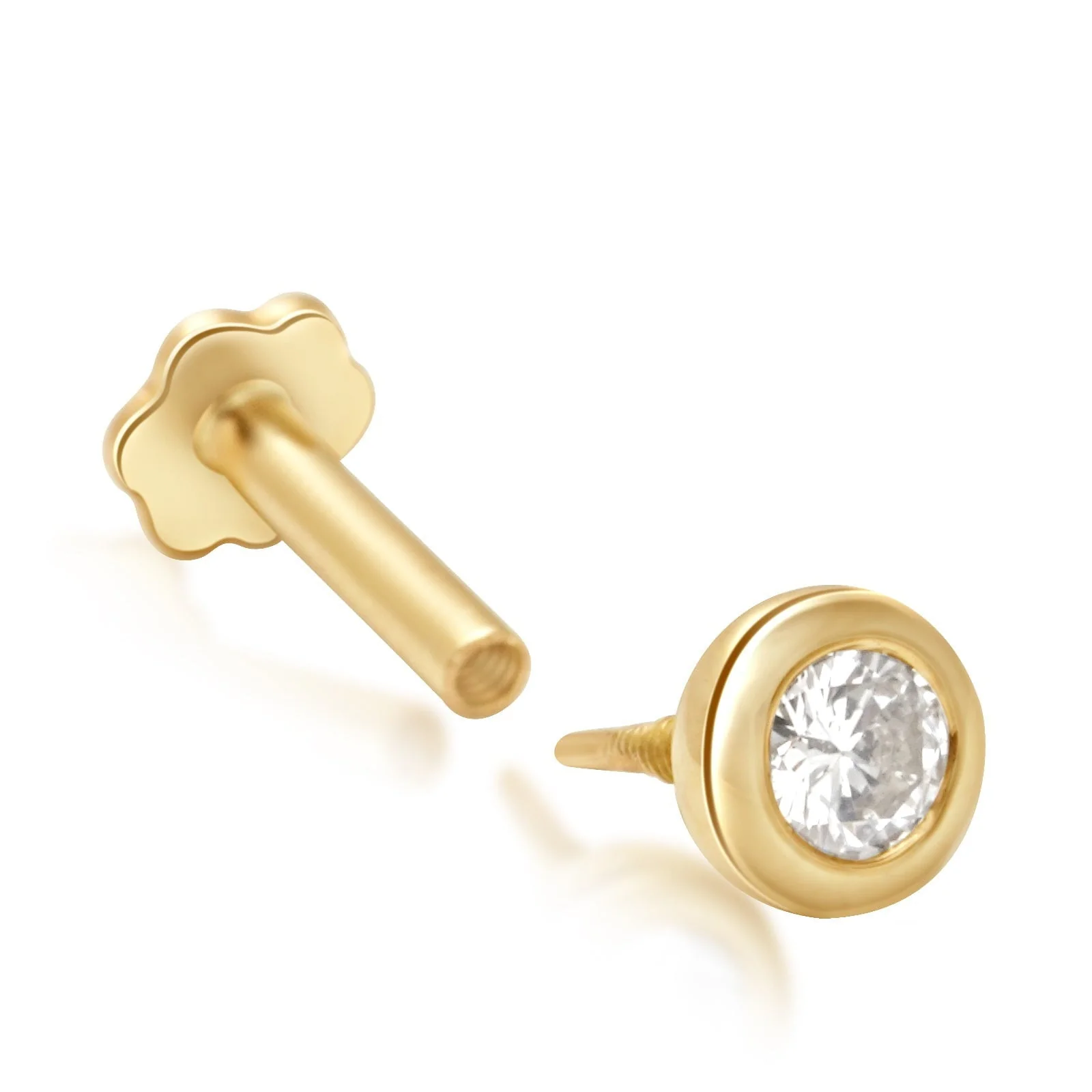 Yellow Gold Round Diamond Bezel Set Flat Back Earring - Image 11