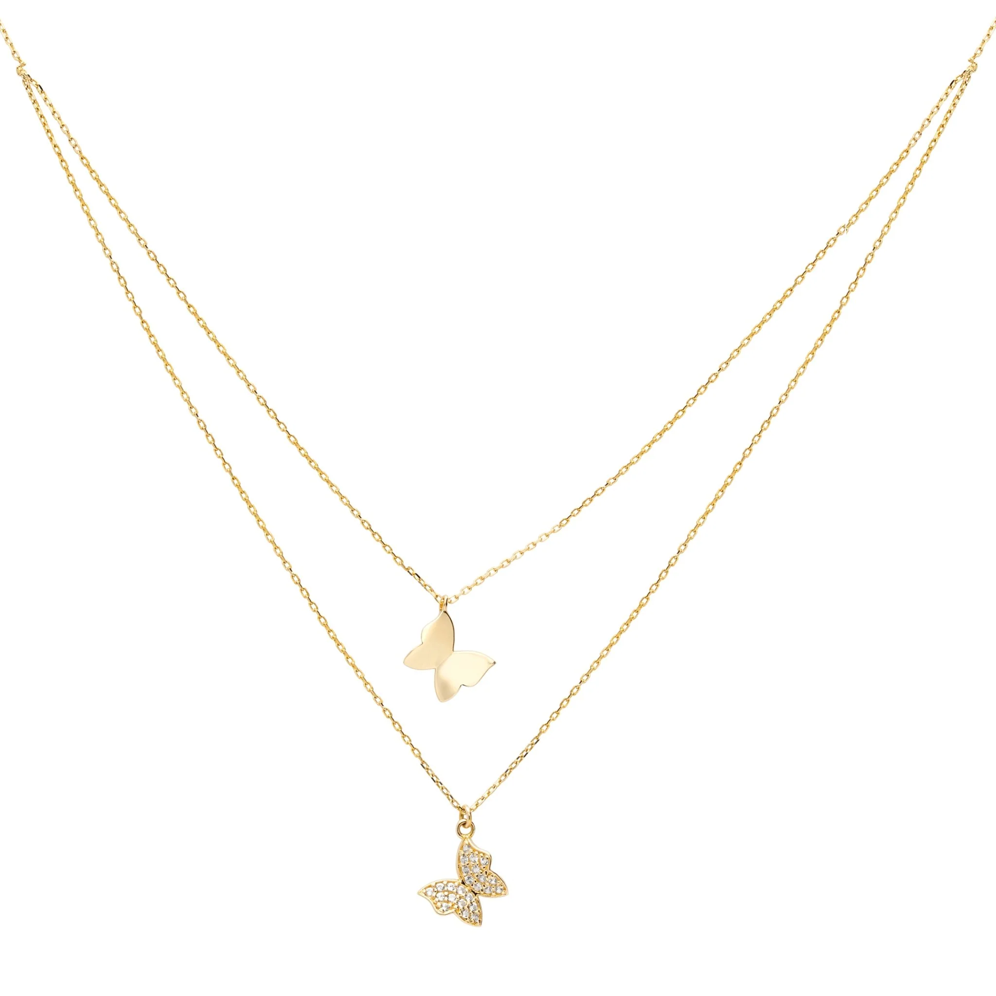 Yellow Gold Diamond Butterfly Layering Necklace
