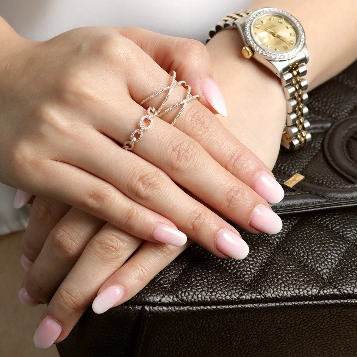 Diamond Chain Link Ring in Solid 14k Rose Gold - Image 2