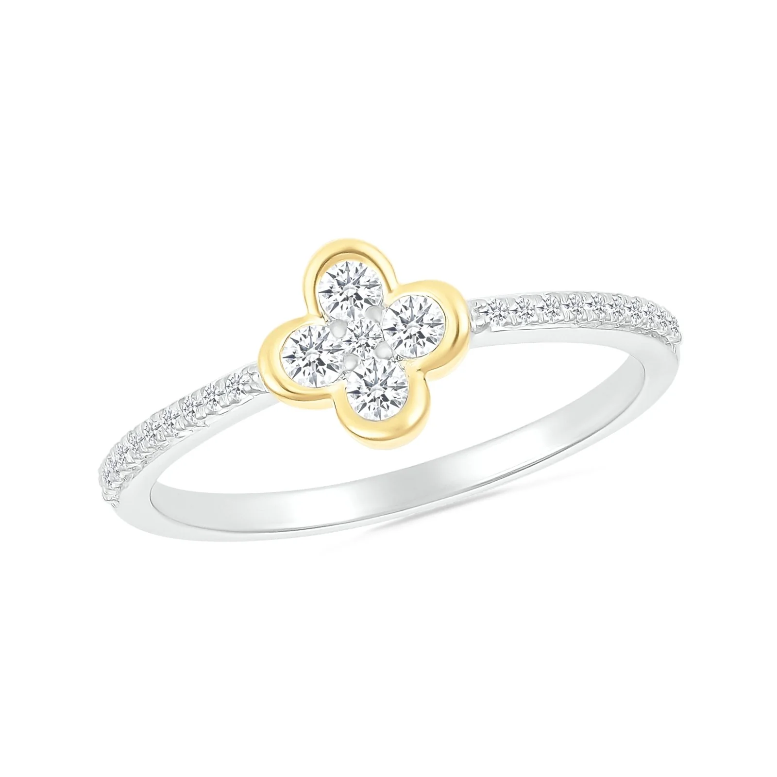 Two-Tone Clover on Diamond Band in Solid 10k Yellow Gold