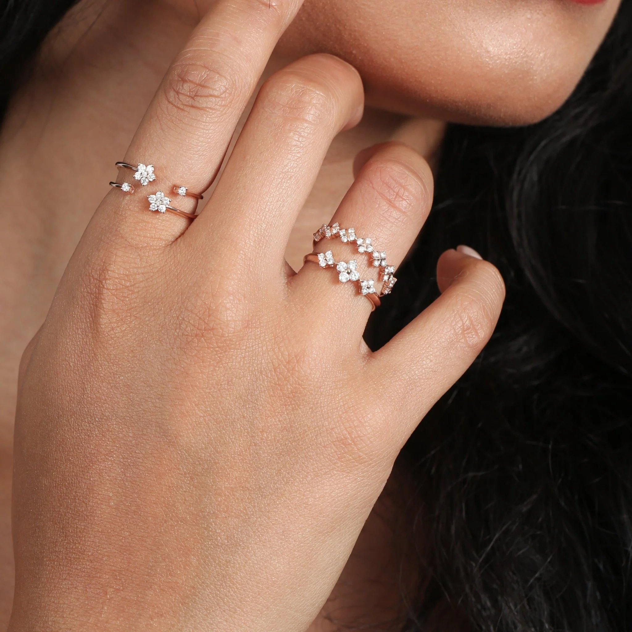 Diamond Clover Criss Cross Eternity Ring in Solid 14k Rose Gold - Image 4