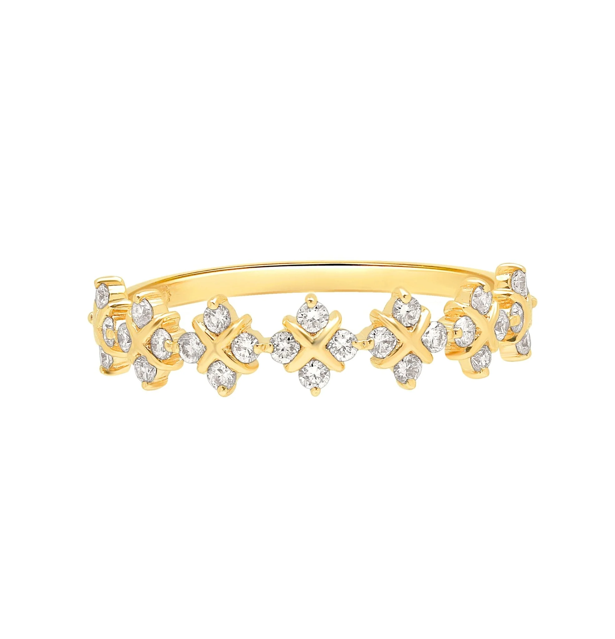 Diamond Clover Criss Cross Eternity Ring in Solid 14k Yellow Gold