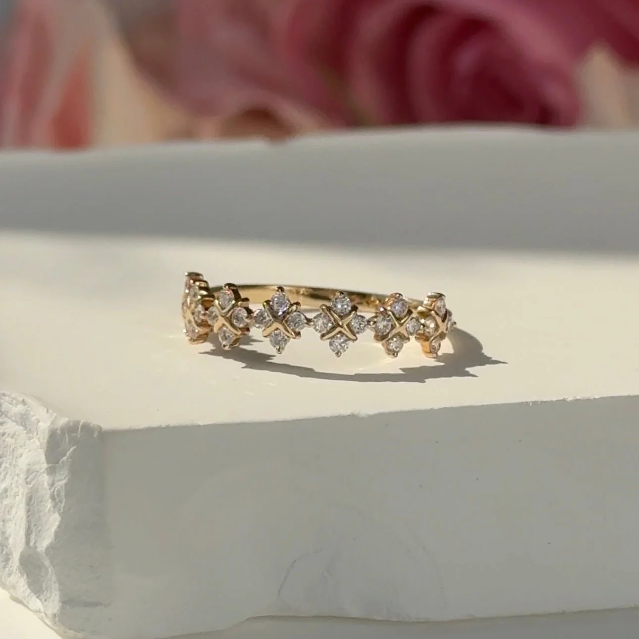 Diamond Clover Criss Cross Eternity Ring in Solid 14k Yellow Gold - Image 2