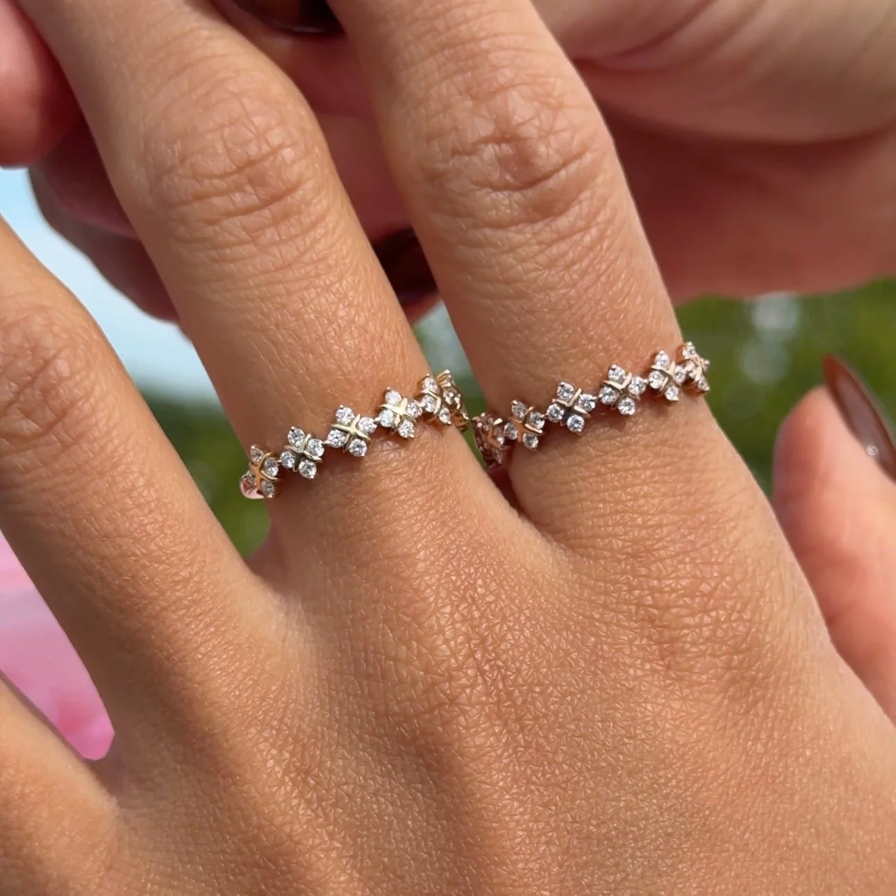 Diamond Clover Criss Cross Eternity Ring in Solid 14k Yellow Gold - Image 8