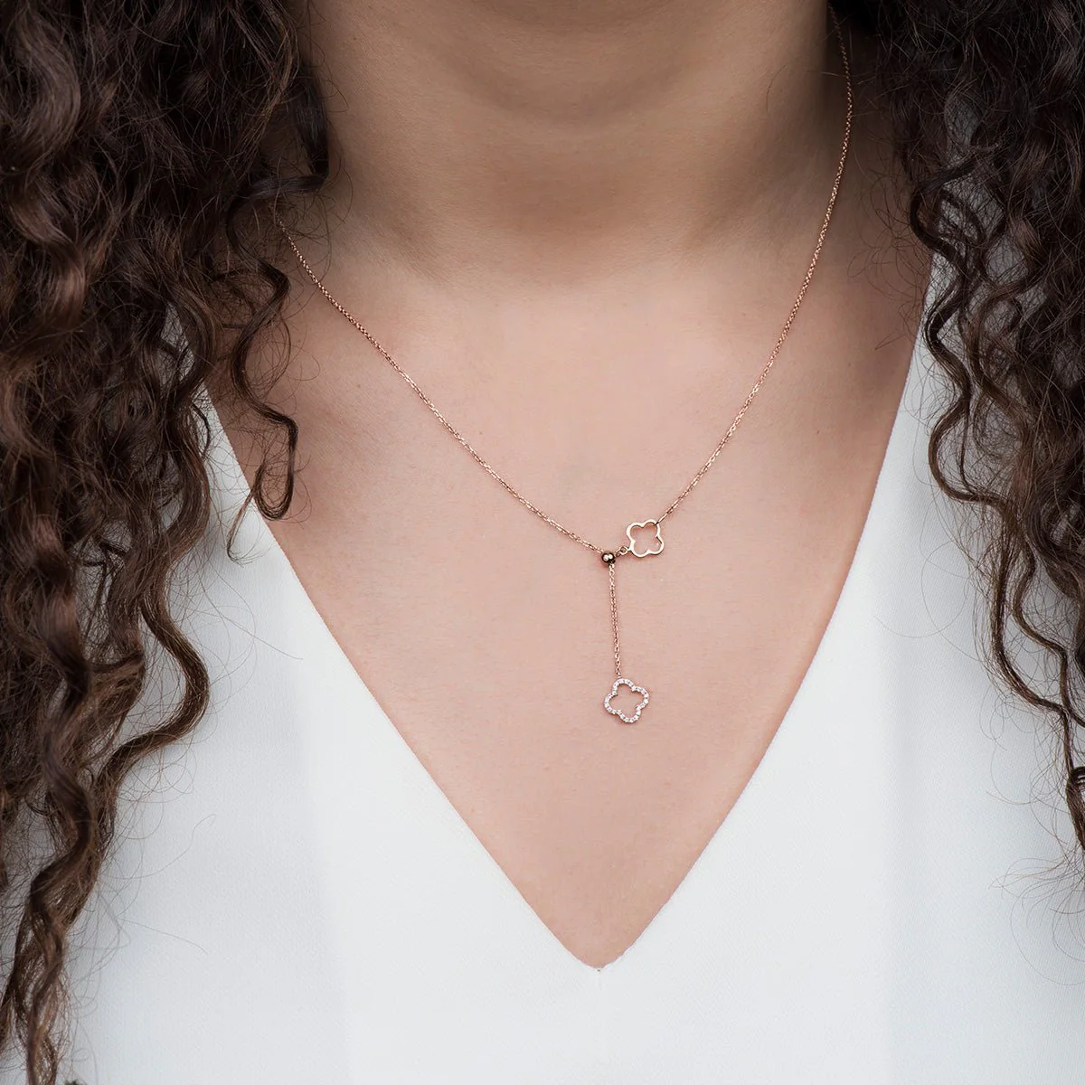 Rose Gold Diamond Clover Lariat Bolo Necklace - Image 3
