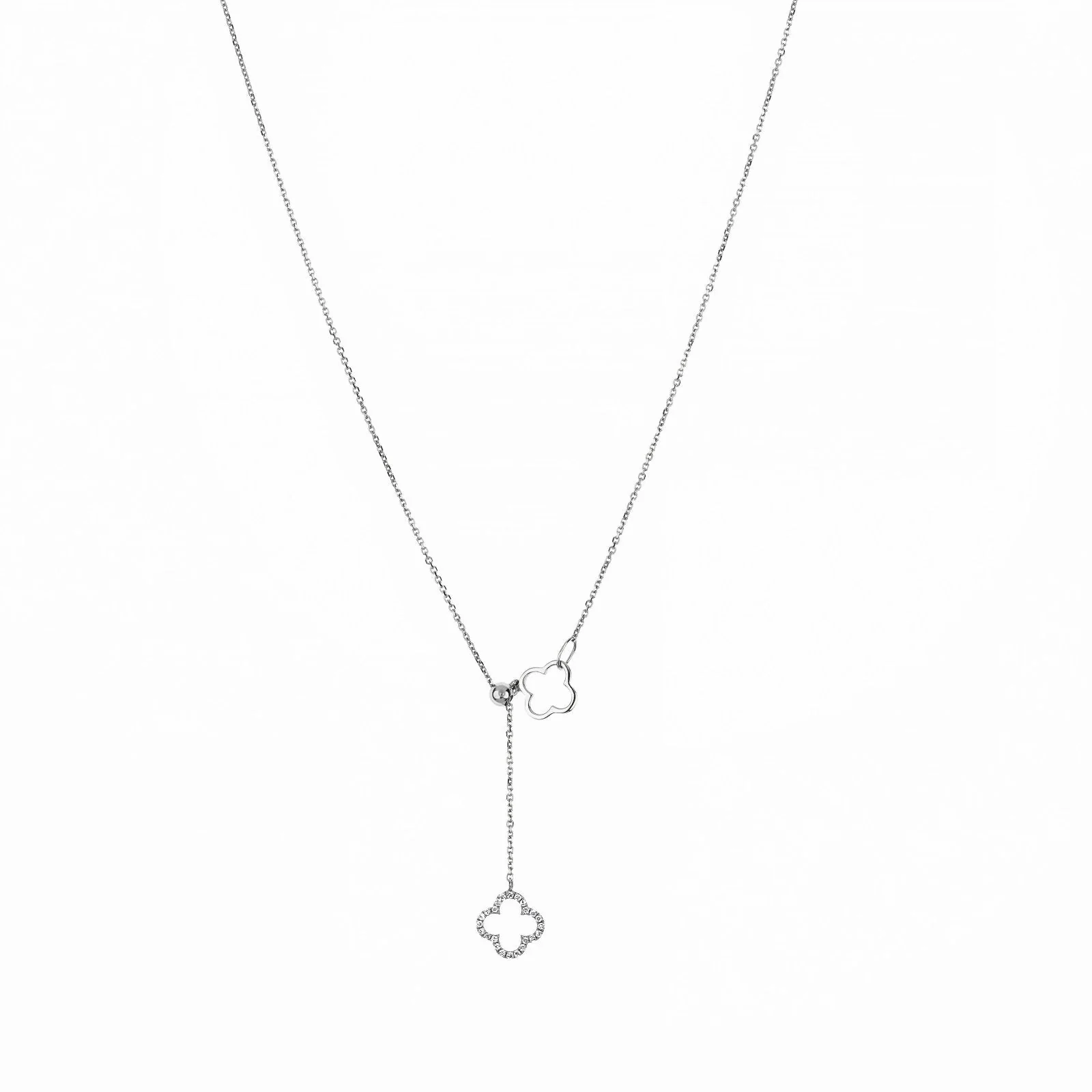 White Gold Diamond Clover Lariat Bolo Necklace