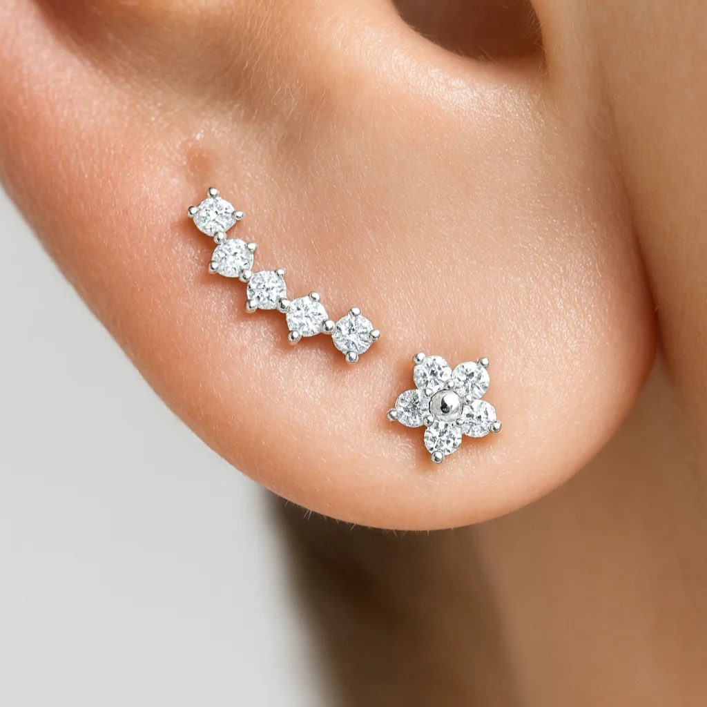 White Gold Diamond Flower Flat Back Stud Earring - Image 5