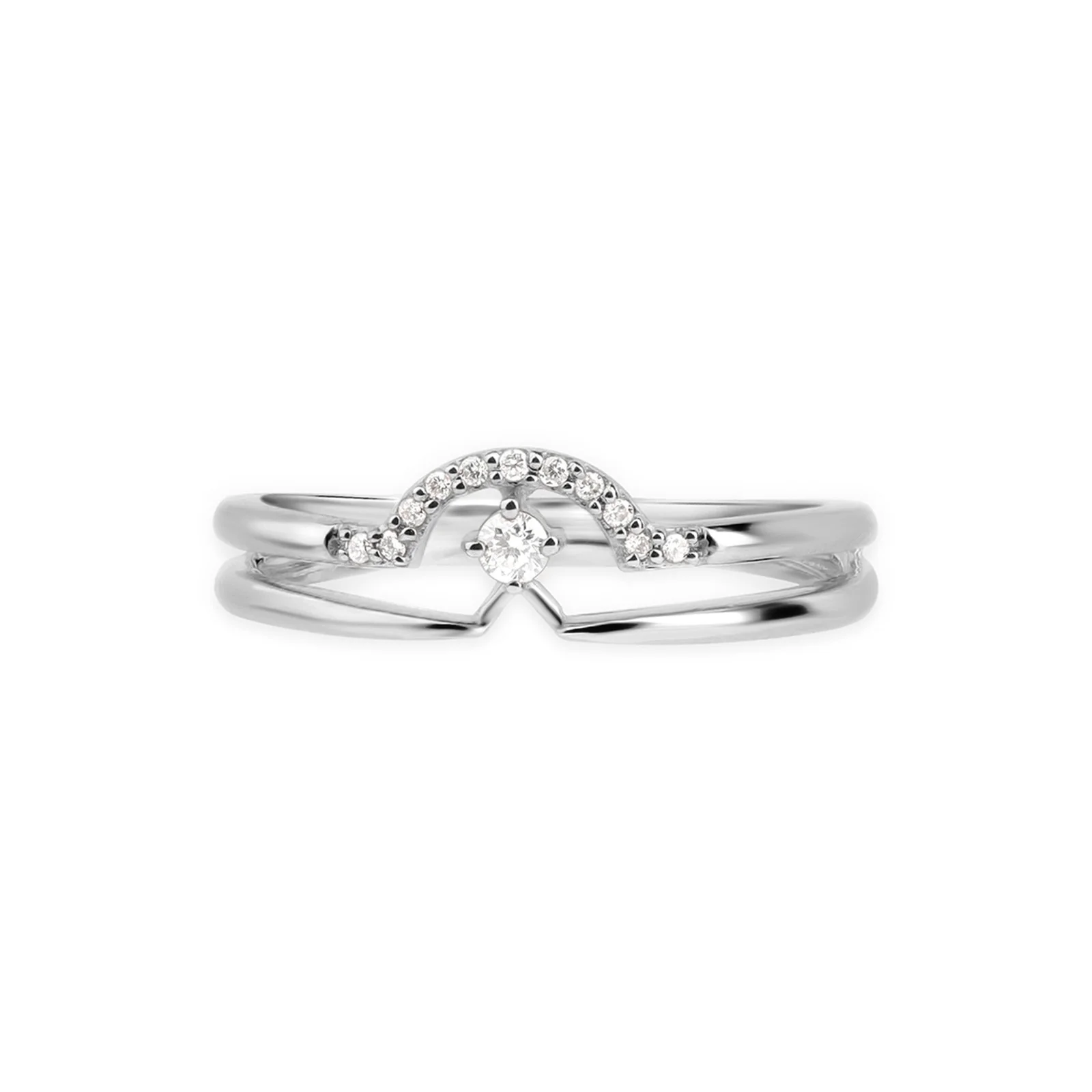 Diamond Curve Double Layer Band in Solid 14k White Gold
