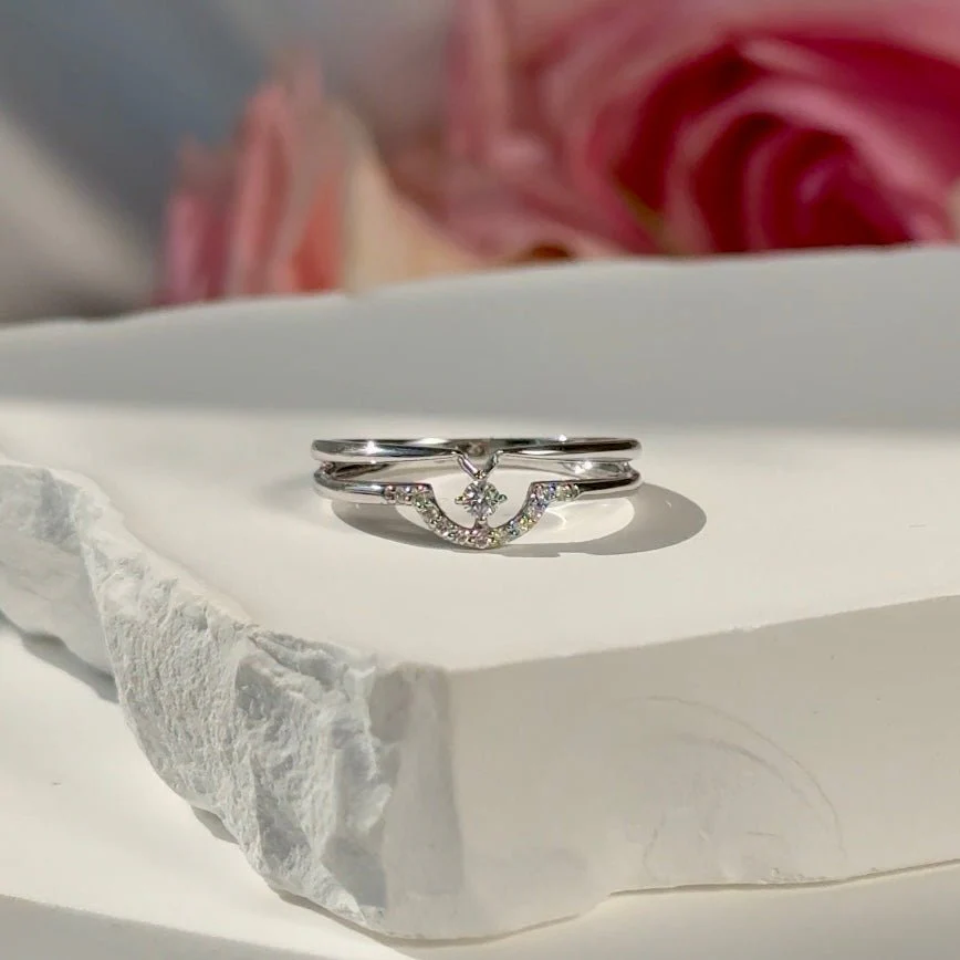 Diamond Curve Double Layer Band in Solid 14k White Gold - Image 2