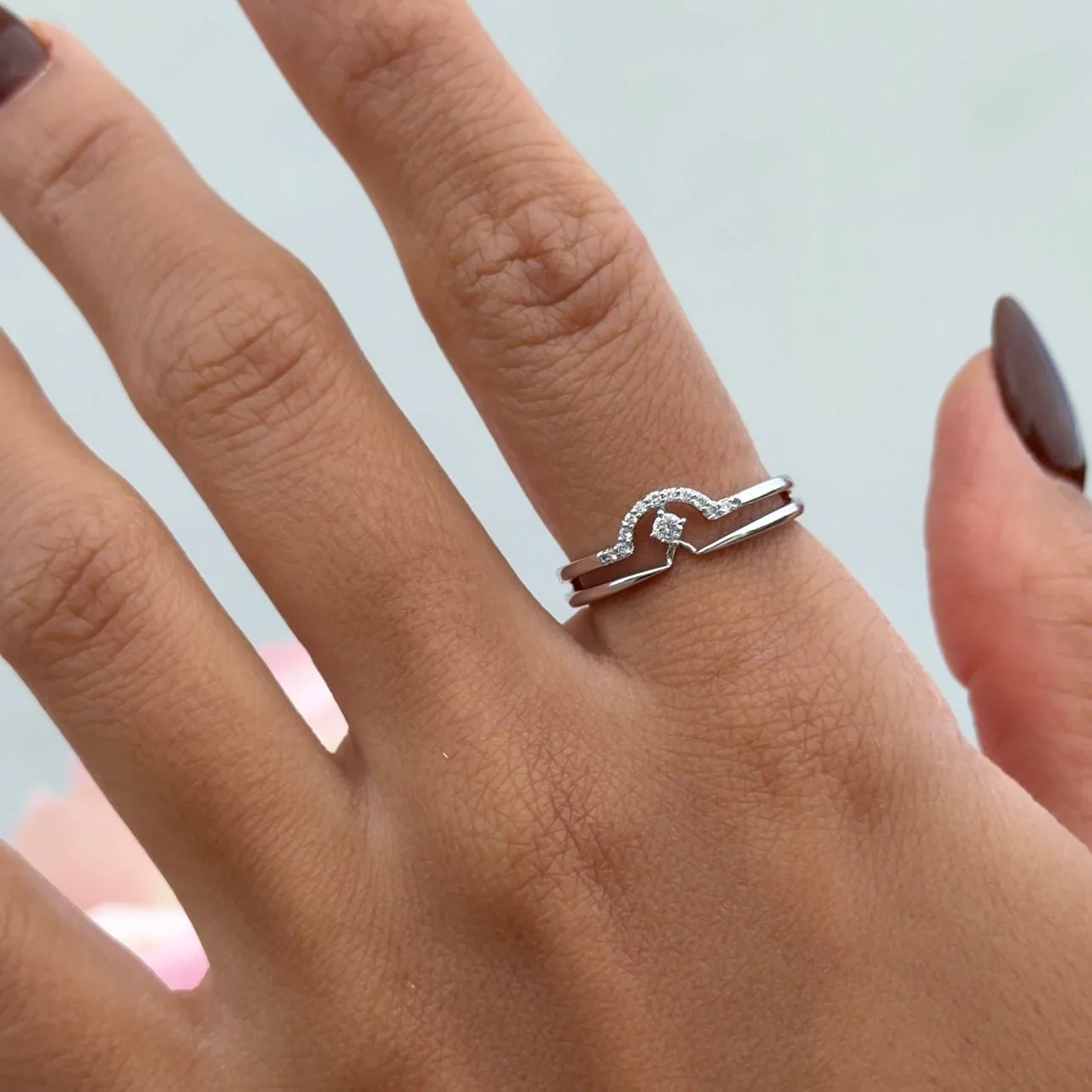 Diamond Curve Double Layer Band in Solid 14k White Gold - Image 5