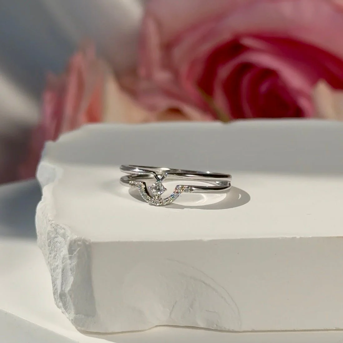 Diamond Curve Double Layer Band in Solid 14k White Gold - Image 6