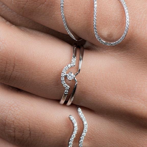 Diamond Curve Double Layer Band in Solid 14k White Gold - Image 7